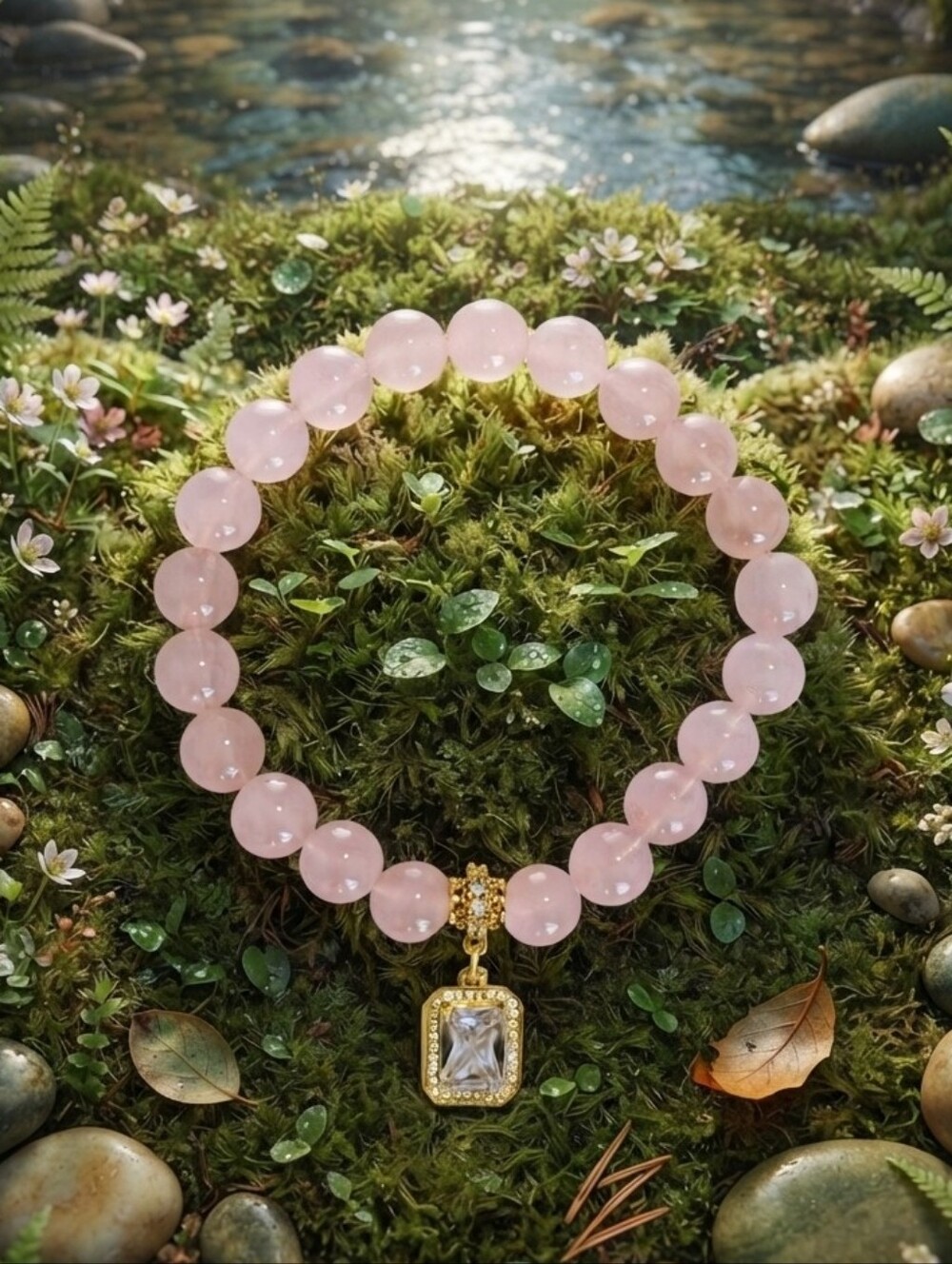 Rose Quartz Bracelet With Cubic Zirconia Charm